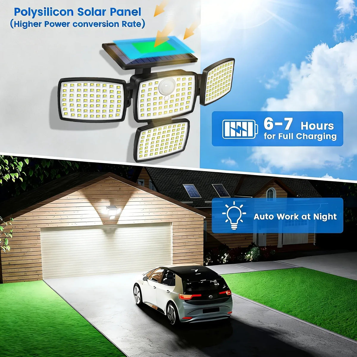 Solar motion sensor security light with four LED heads and an angled solar panel