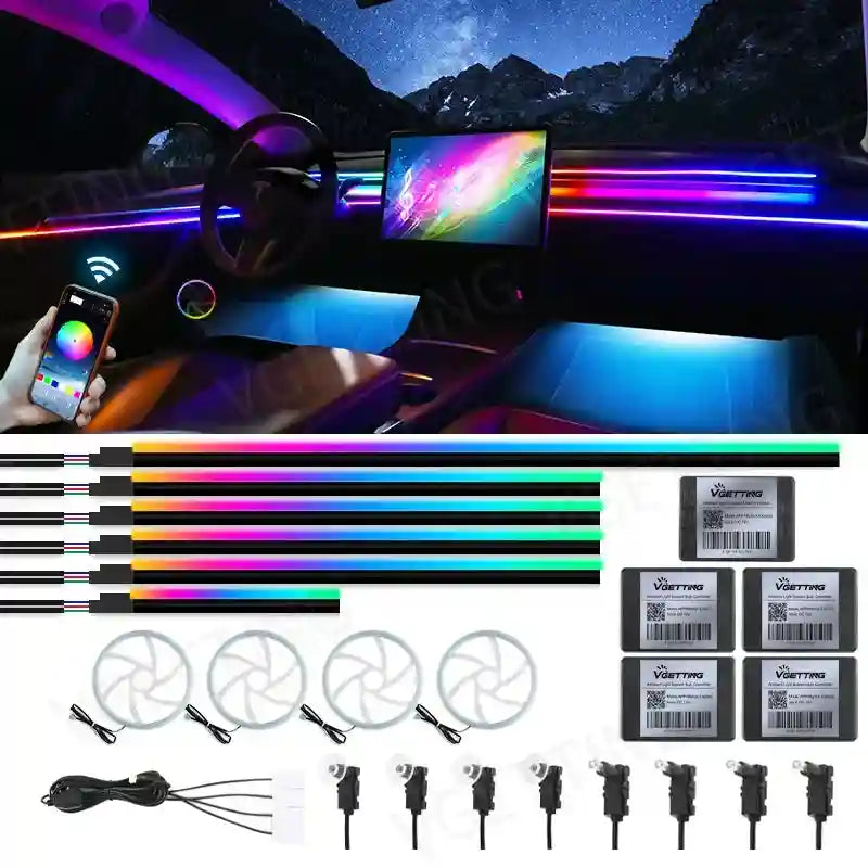 RGB car interior ambient LED light strips with circular footwell lights, app-controlled, including power wire and boxes.