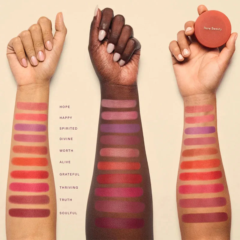 Rare Beauty Soft Pinch Luminous Powder Blush shades swatched on various skin tones, showing matte, pigmented textures.