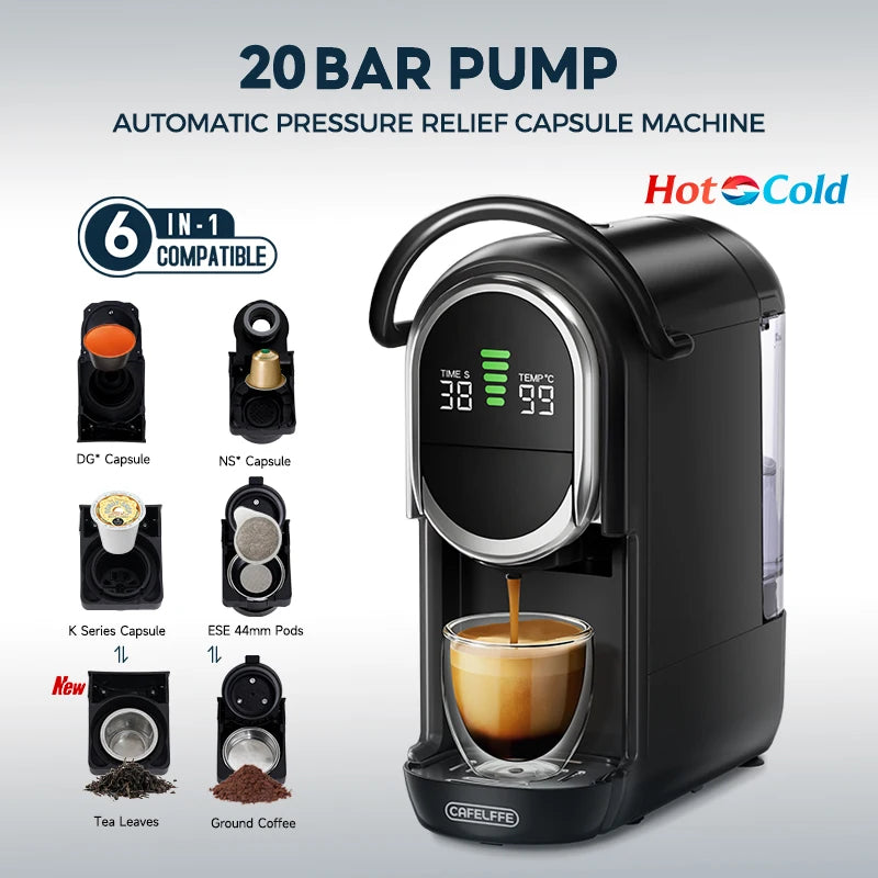 Cafelffe 6-in-1 black capsule coffee and tea maker with 20 bar pump, digital display, and hot or cold functionality.