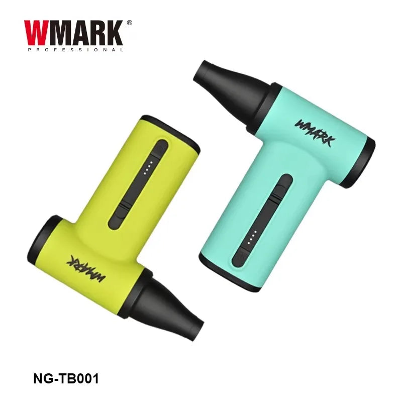 WMARK NG-TB001 portable handheld vacuum/hair dryer in green and teal with sleek nozzle and power indicator lights.