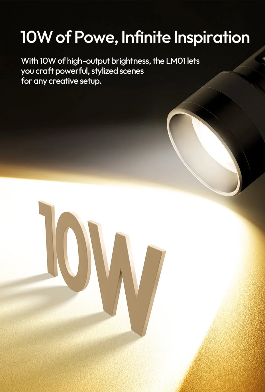 LM01 black handheld spotlight projecting a bright beam of light onto the 3D text "10W" for creative photography.