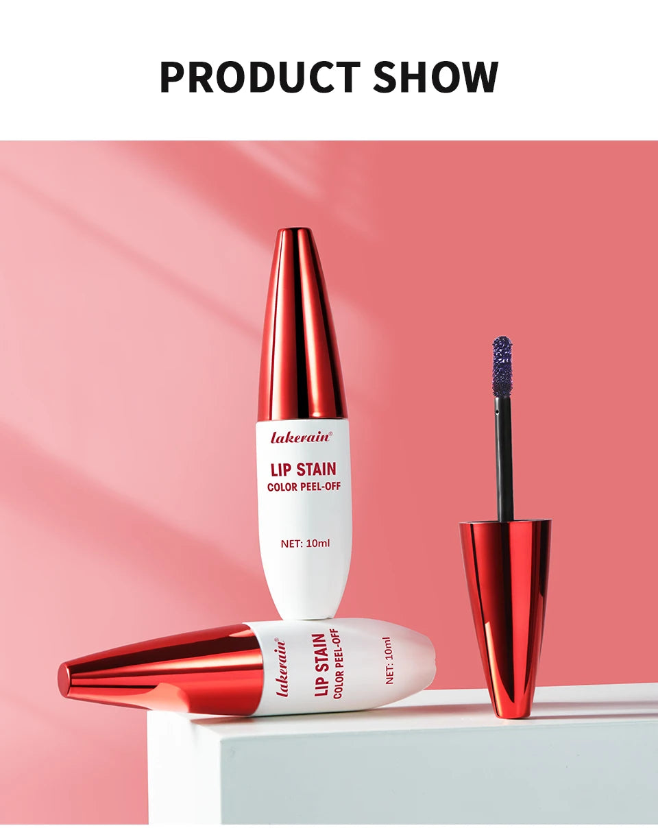 Lakerain waterproof peel-off lip stain with matte finish, long-lasting tint in white and red metallic packaging.