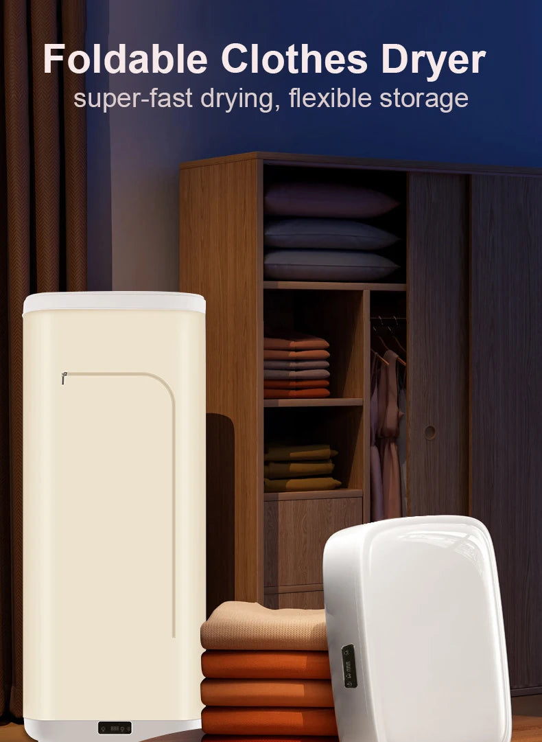 Tidesmit portable electric clothes dryer with remote control showing folding rack design for easy travel storage