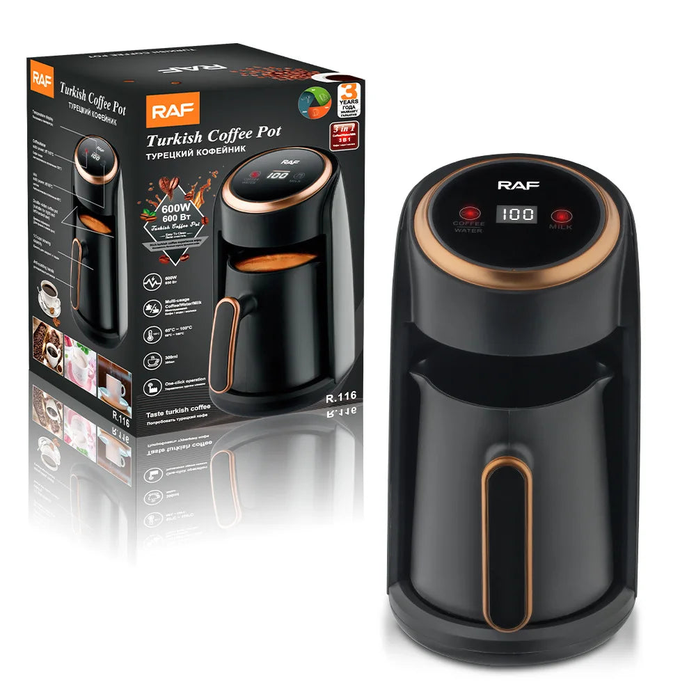RAF 300ml Turkish coffee pot with 600W digital display, black and copper finish, includes retail packaging box.
