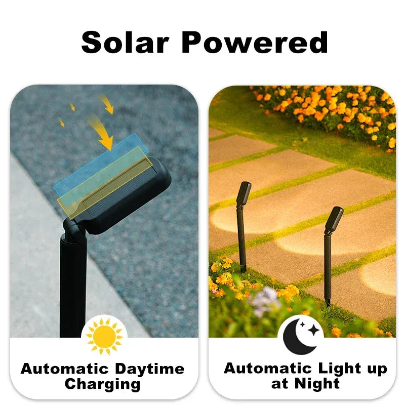 Two black solar LED landscape spotlights illuminate a garden walkway at night, with a close-up showing daytime charging.