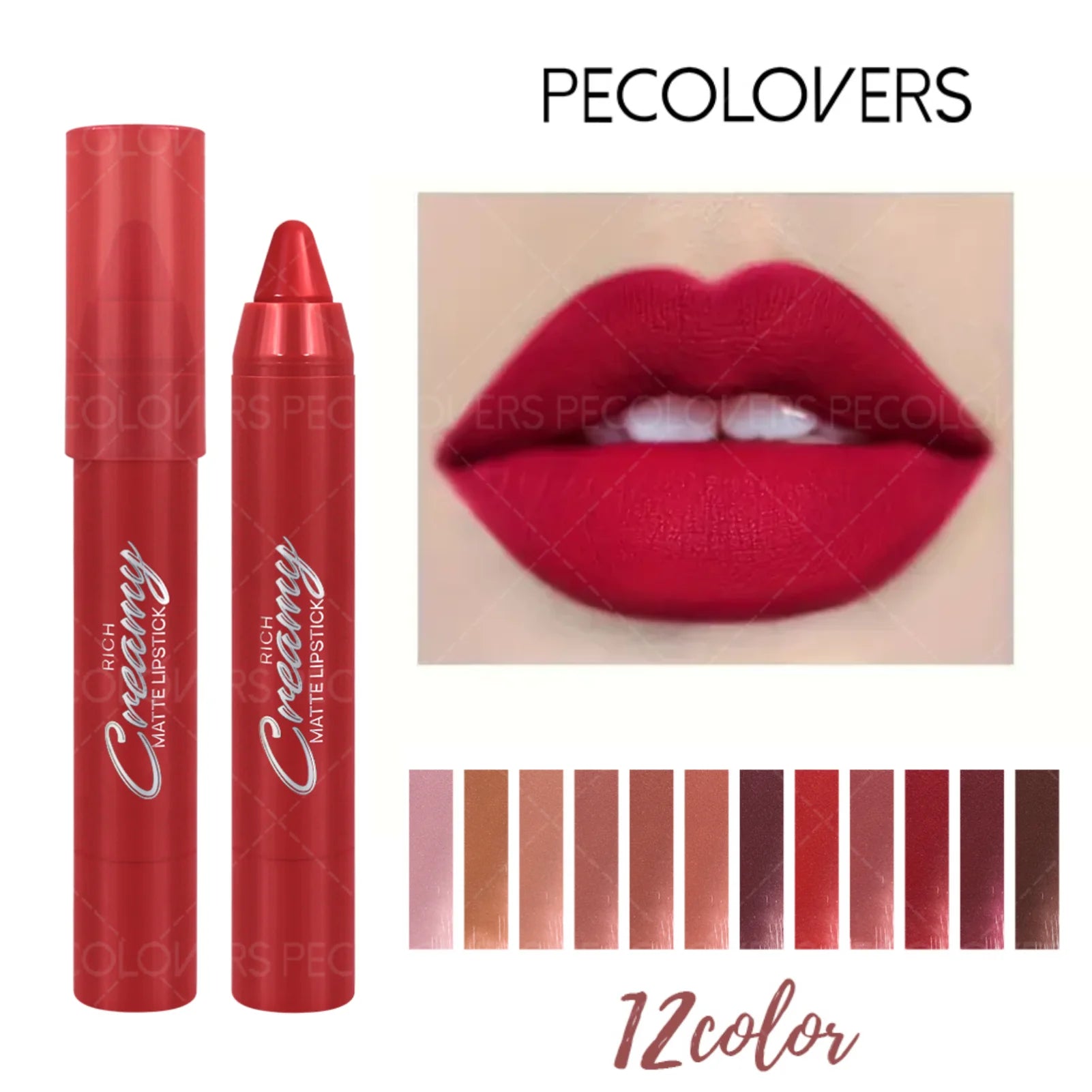 Red creamy matte lip crayon pencil with smooth pigment and 12-color swatch chart for everyday moisturizing lip makeup.