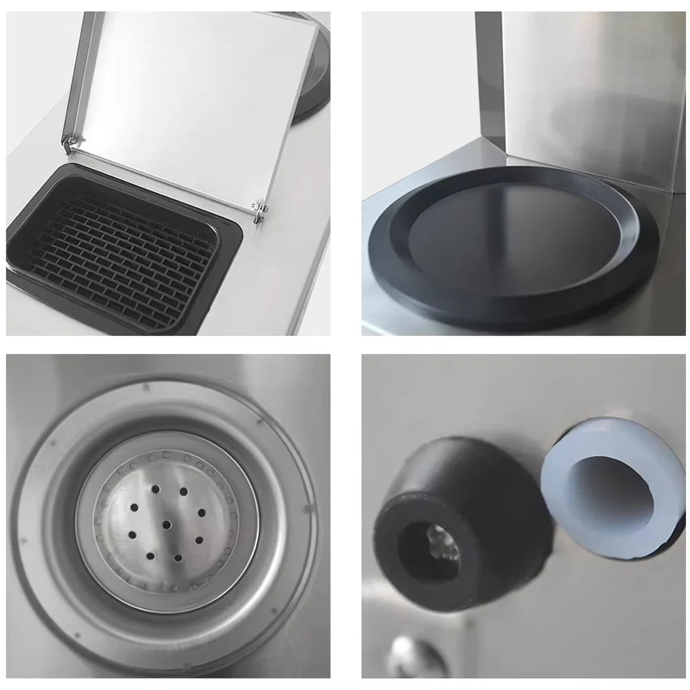 Stainless steel commercial coffee machine detail shots including drip tray, warming plate, and internal water nozzle.