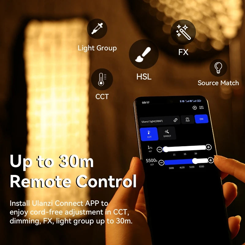 Smartphone app controlling a studio light, showing sliders for brightness and color temperature adjustment.