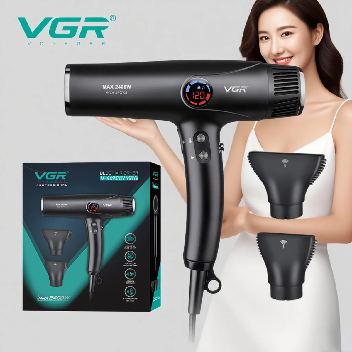 VGR V-469 professional black hair dryer with BLDC motor, digital LED display, and two attachments for salon styling.