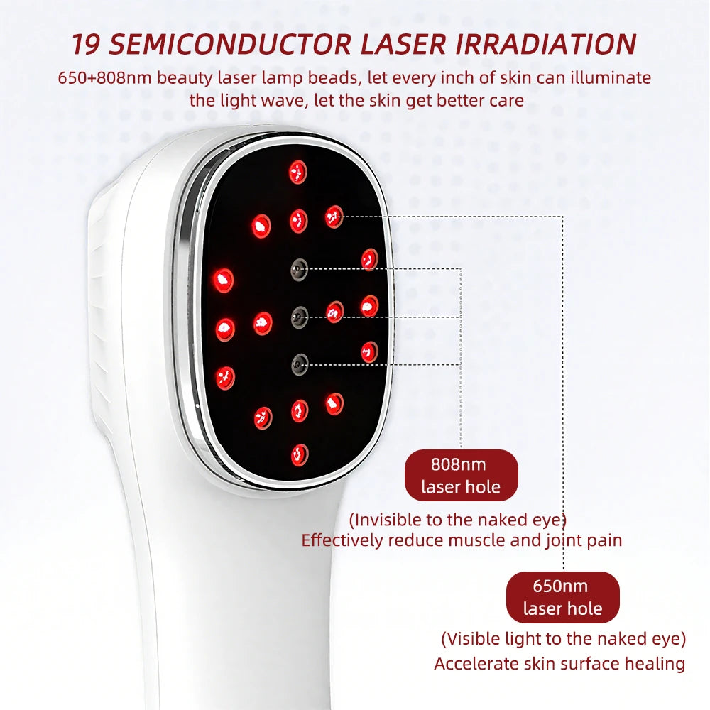 White handheld device with a black head featuring 19 red glowing laser beads for skin and pain therapy.