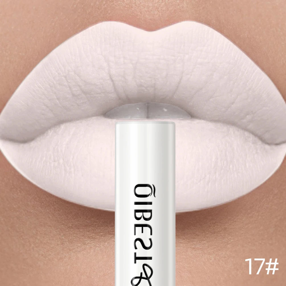 Matte white waterproof liquid lipstick, long-lasting velvet lip stain in a sleek tube for a nonstick makeup look.