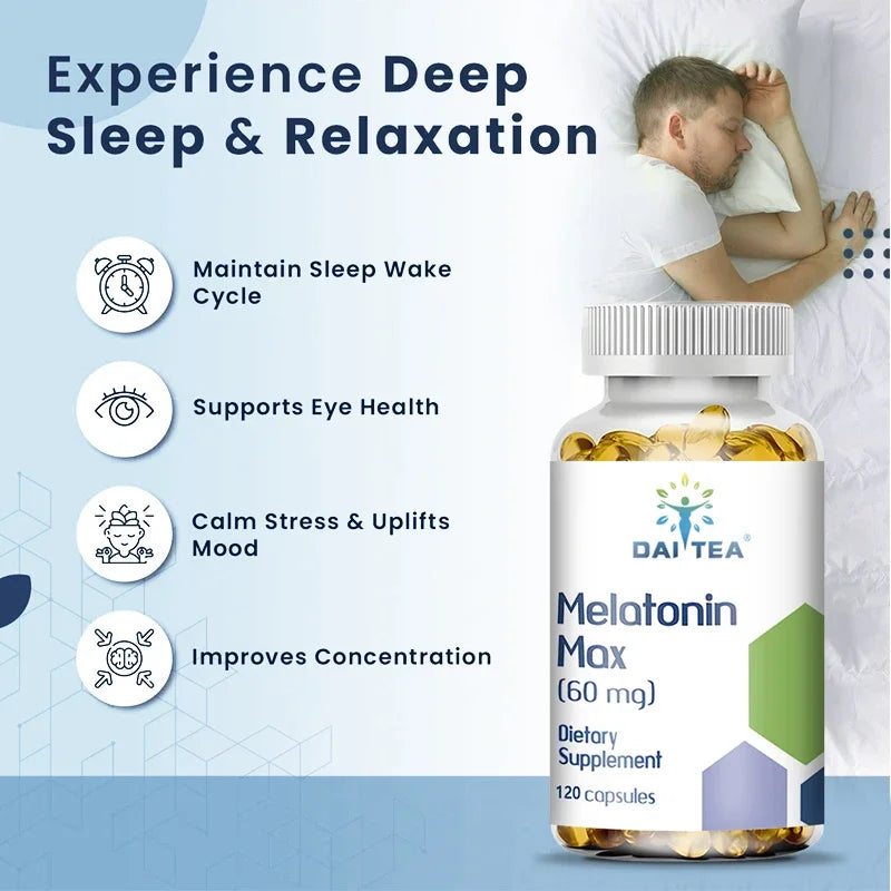 60 Mg Extra Strength Melatonin MAX - Eye Support, Deep Sleep, Natural Sleep - 100% Additive Free, Vegan, Non-GMO, Gluten Free