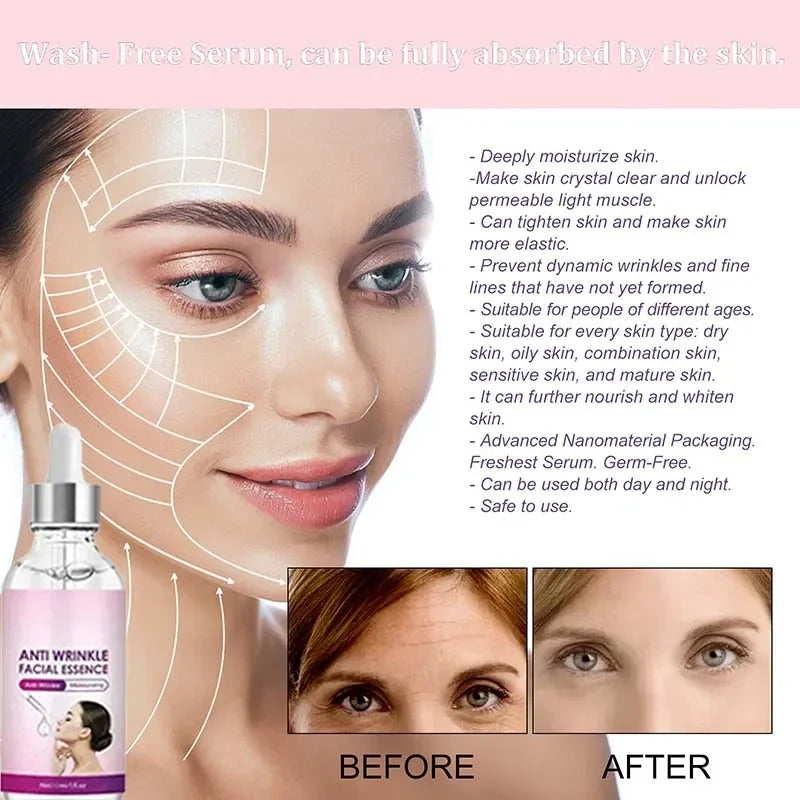 Anti-Wrinkle Facial Essence serum in a dropper bottle for firming, moisturizing, and tightening sagging skin.
