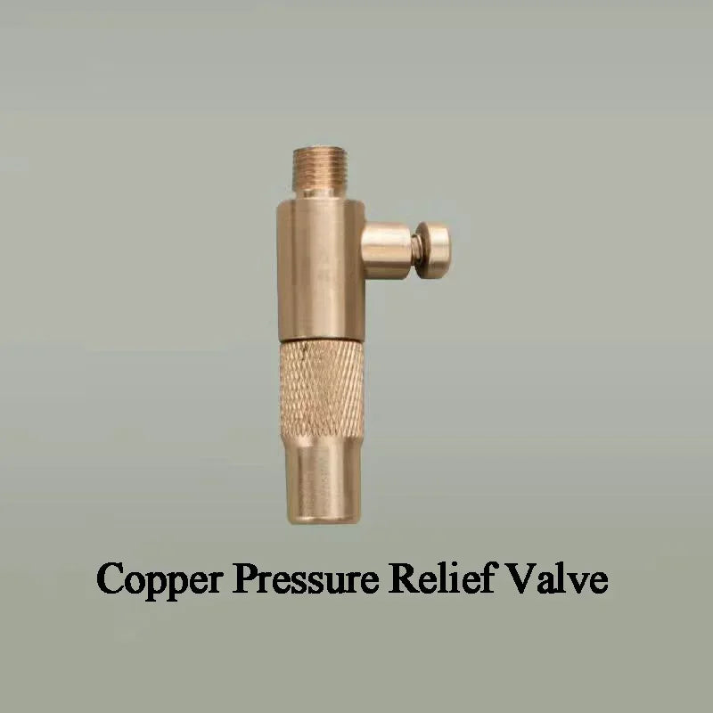 Copper pressure relief valve replacement part for espresso machine with knurled grip and threaded top connector.