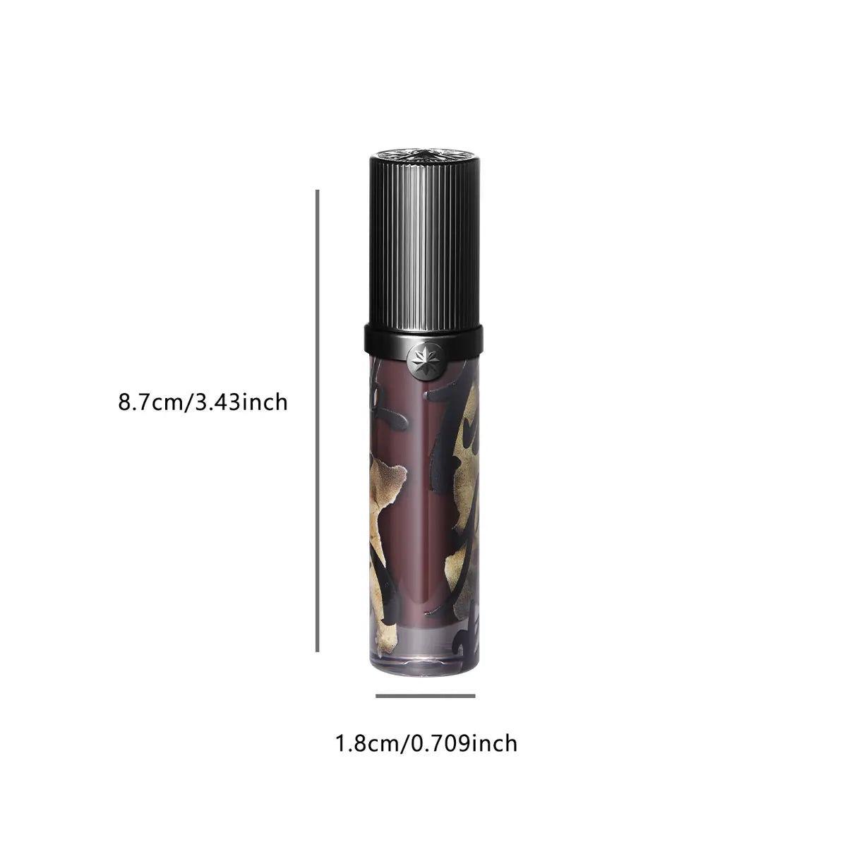 Girlcult Love Whisper velvet matte lip stain in dark shade with patterned tube and black cap. Dimensions provided.