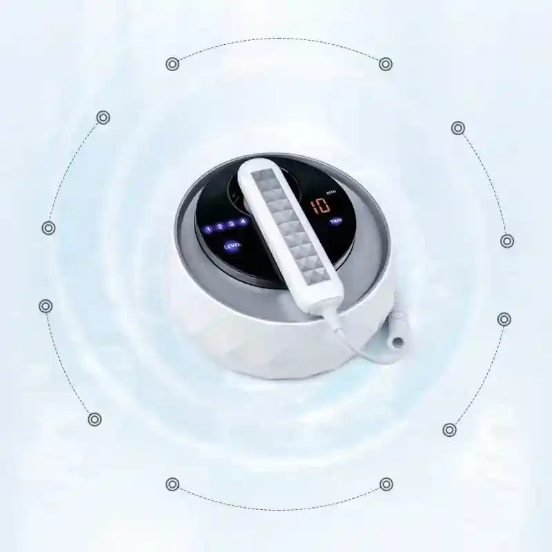 White, circular, faceted skin tightening device with a black digital control panel and a connected handheld wand.