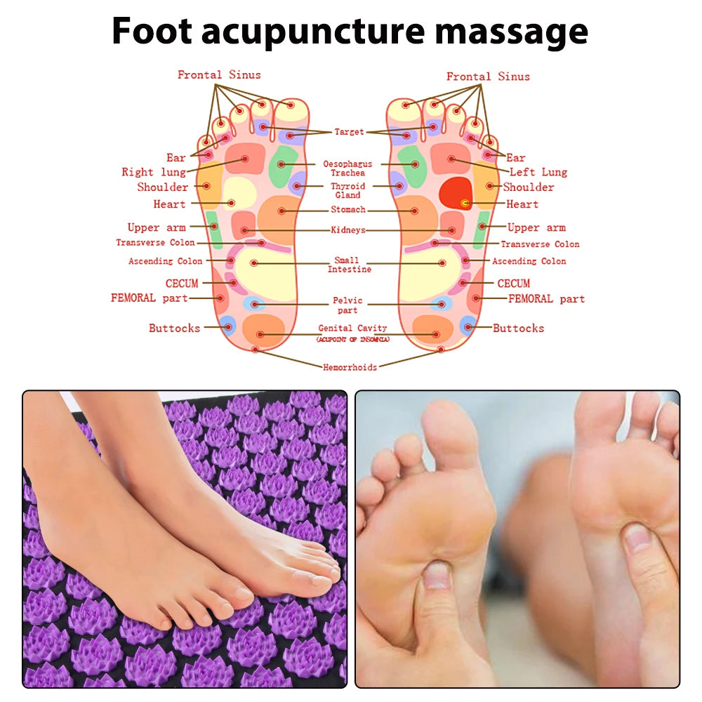 Foot acupressure mat with purple plastic lotus spikes on a black foam base, used for therapeutic foot massage.