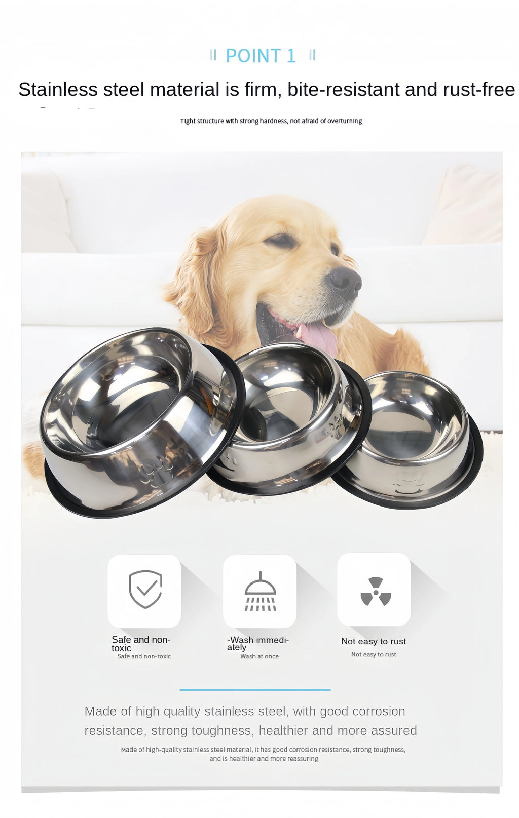 Durable stainless steel dog and cat feeding bowls in various sizes. Non-toxic, rust-proof, and easy-to-clean pet bowls.