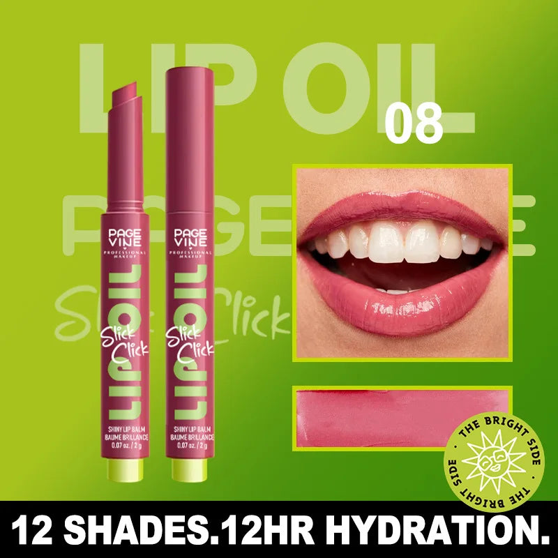 Page Vine click-pen lip oil in rose pink shade with moisturizing, glossy finish on lips and swatched texture.