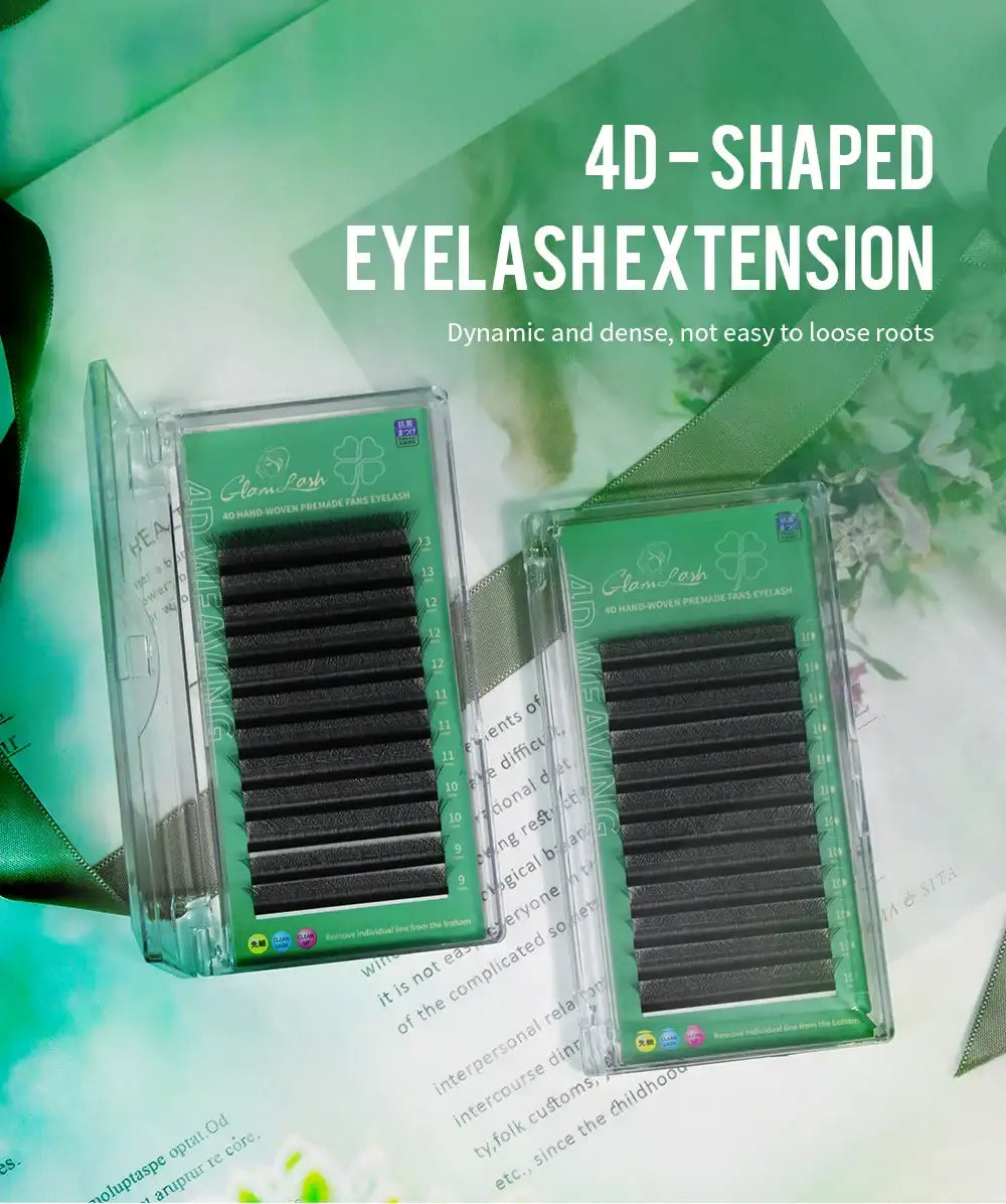 Two rectangular clear cases containing rows of black 4D premade fan eyelash extensions for professional application.