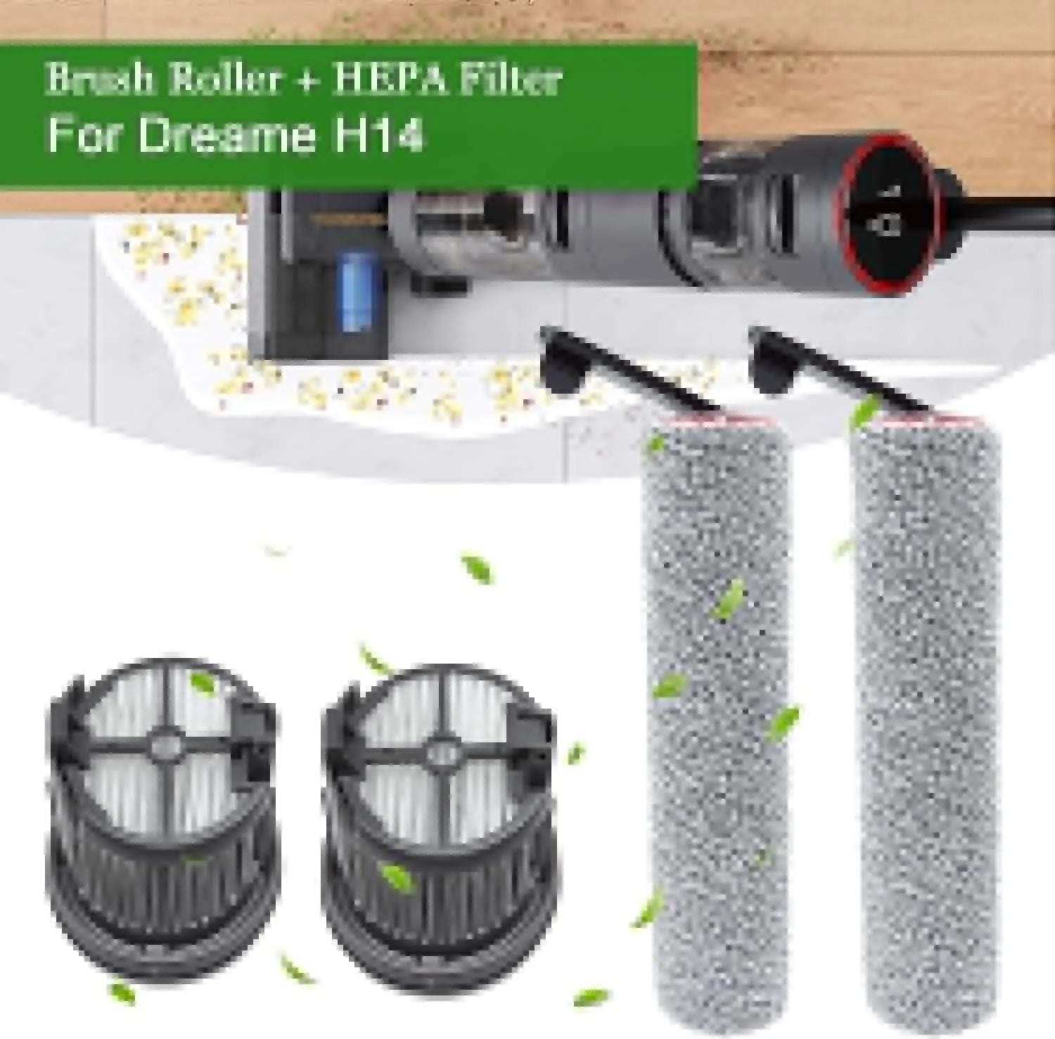 Tidesmit replacement HEPA filter and roller brush for Dreame H14 H20 H30 series vacuum cleaners detail view