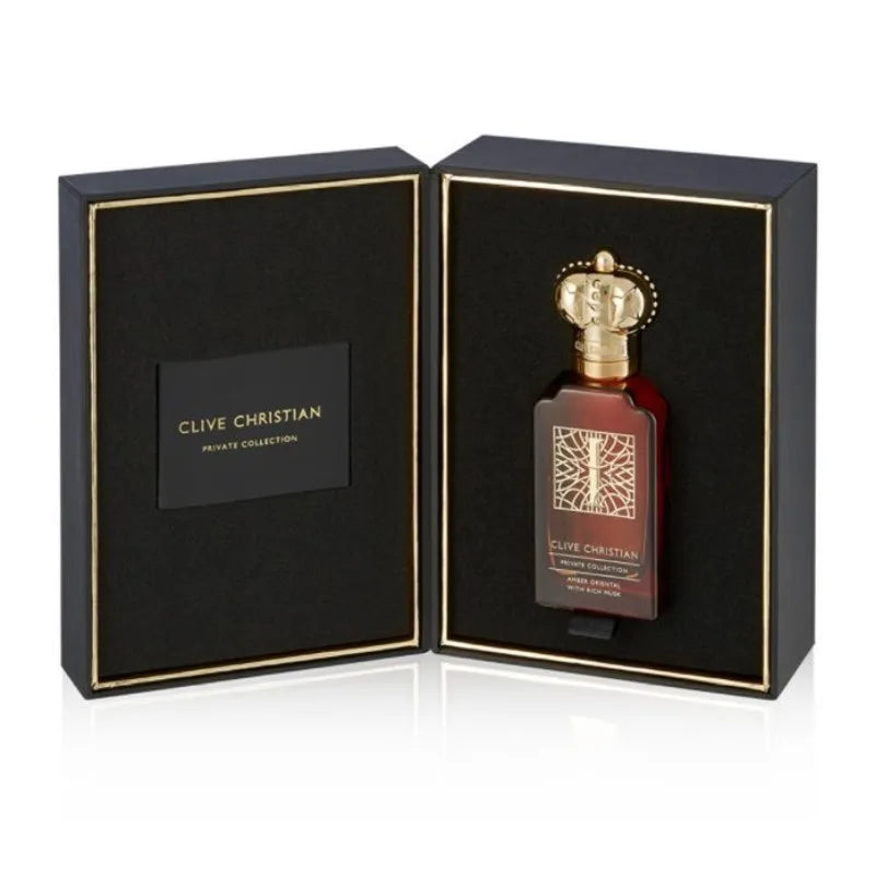 Clive Christian Amberwood 50ml perfume for women: crown-capped bottle, jasmine, rose, sandalwood, amber, musk scent.