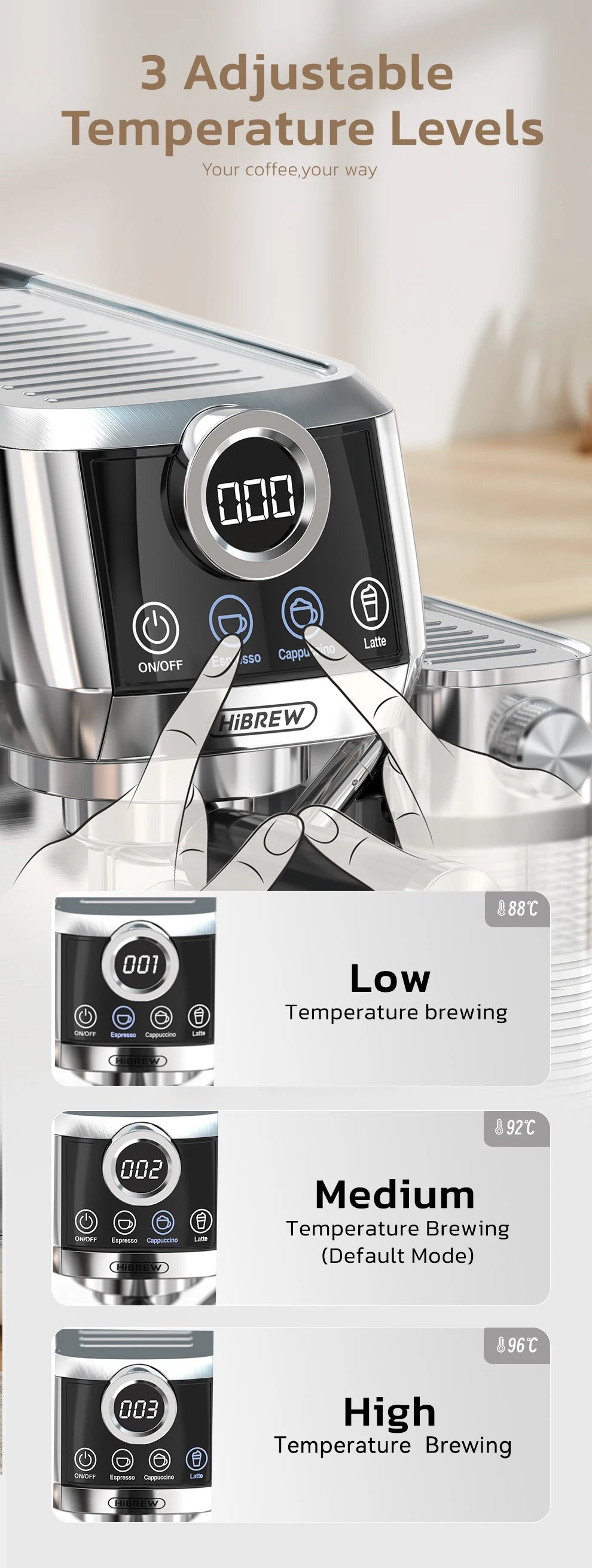 HiBREW stainless steel espresso machine with digital display and 3 adjustable temperature brewing levels.