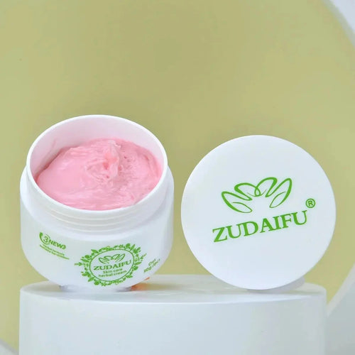 ZUDAIFU herbal body cream jar with pink cream, white lid, and green label