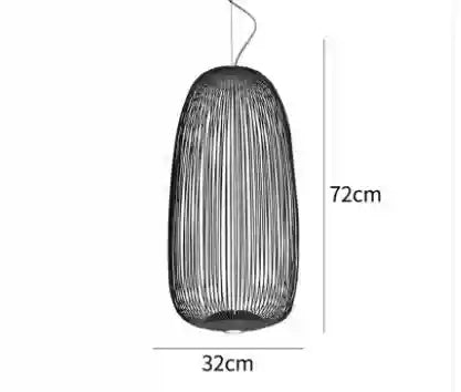 Black wire cage pendant light, 72cm tall and 32cm wide, for hanging indoor illumination.