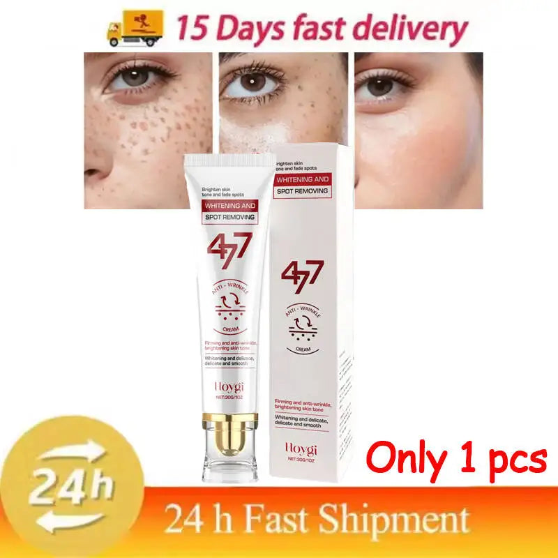 White tube and box of Hoygi spot-removing cream with results shown on face before and after treatment.