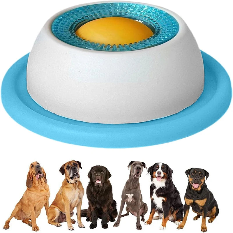 Blue/white dental dog lick mat, interactive slow feeder for mental enrichment and anxiety relief with non-slip base.