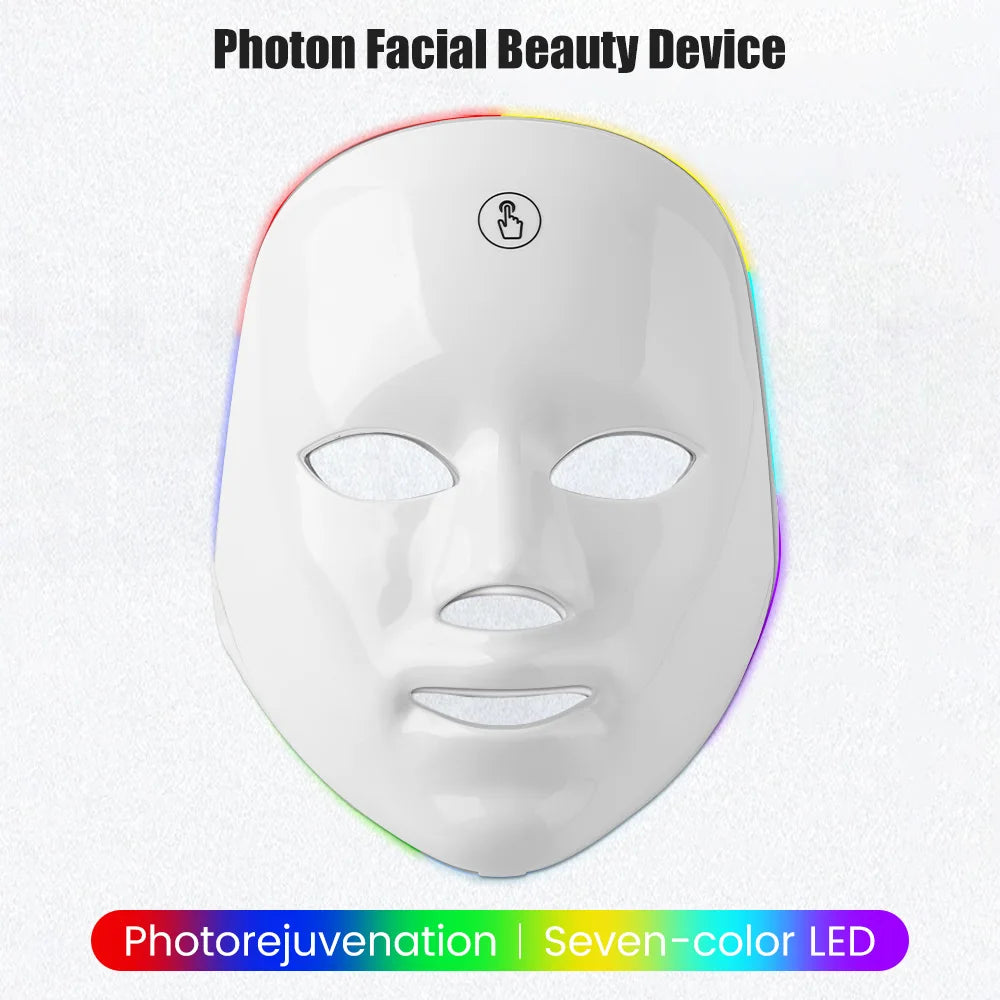 White, sleek facial LED mask with cutouts for eyes, nose, and mouth, featuring a touch button and rainbow-hued edges.