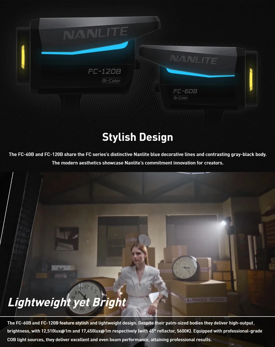FC-60B and FC-120B bi-color COB studio LED lights with black housings and blue decorative accents for video lighting.