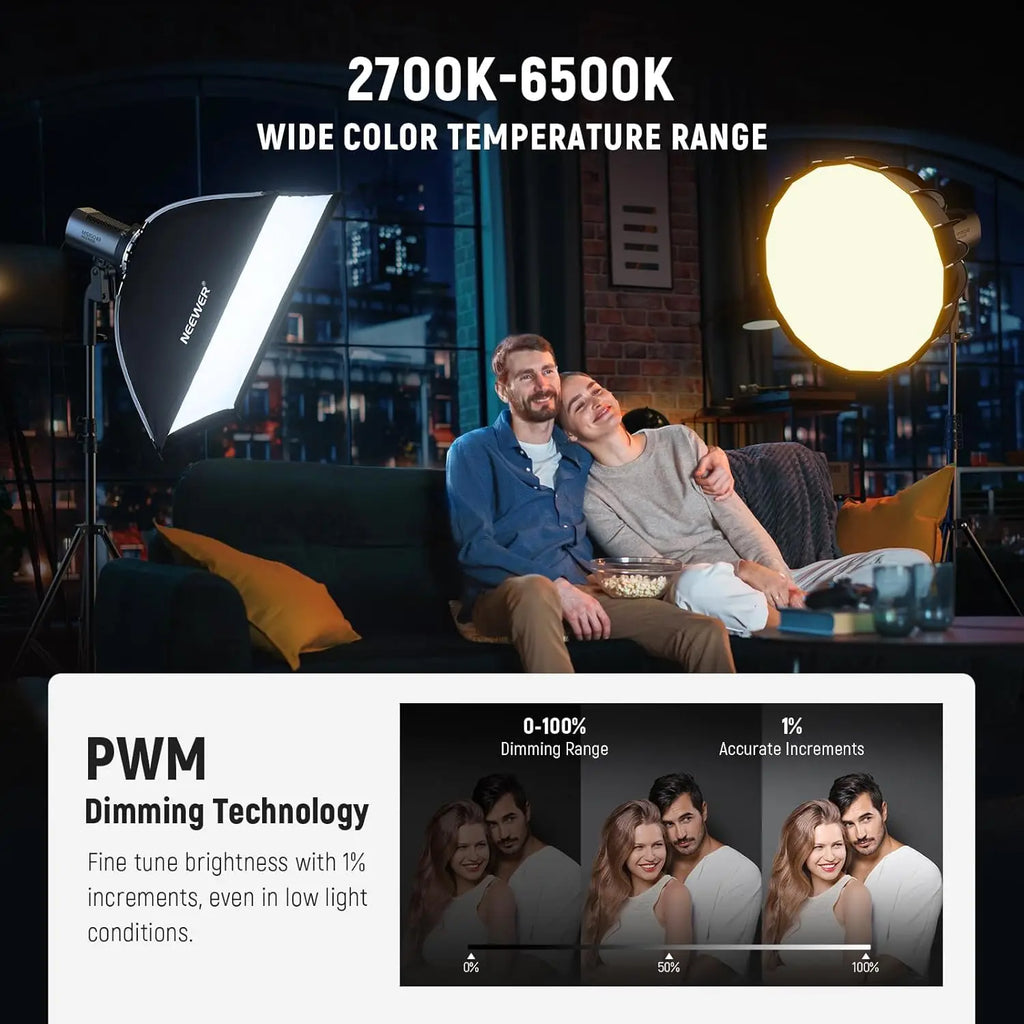 LED studio light with adjustable color temperature, softbox, and stand for professional lighting and dimming control.