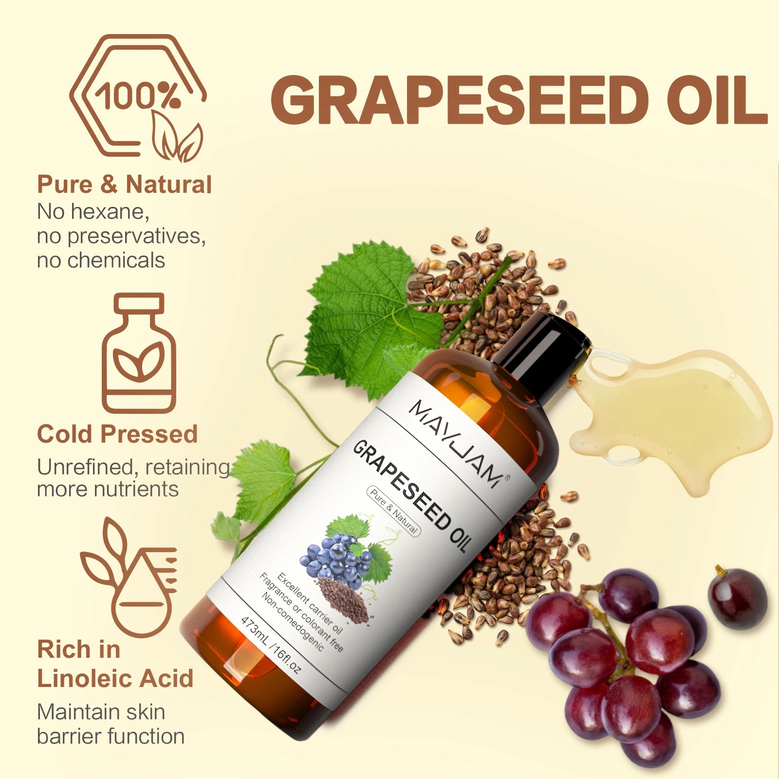 MAYJAM Jojoba Grapeseed Castor Vegetable Glycerin Fractionated Coconut Oil Moisturizing Face Hair Skin Natural Base Carrier Oil