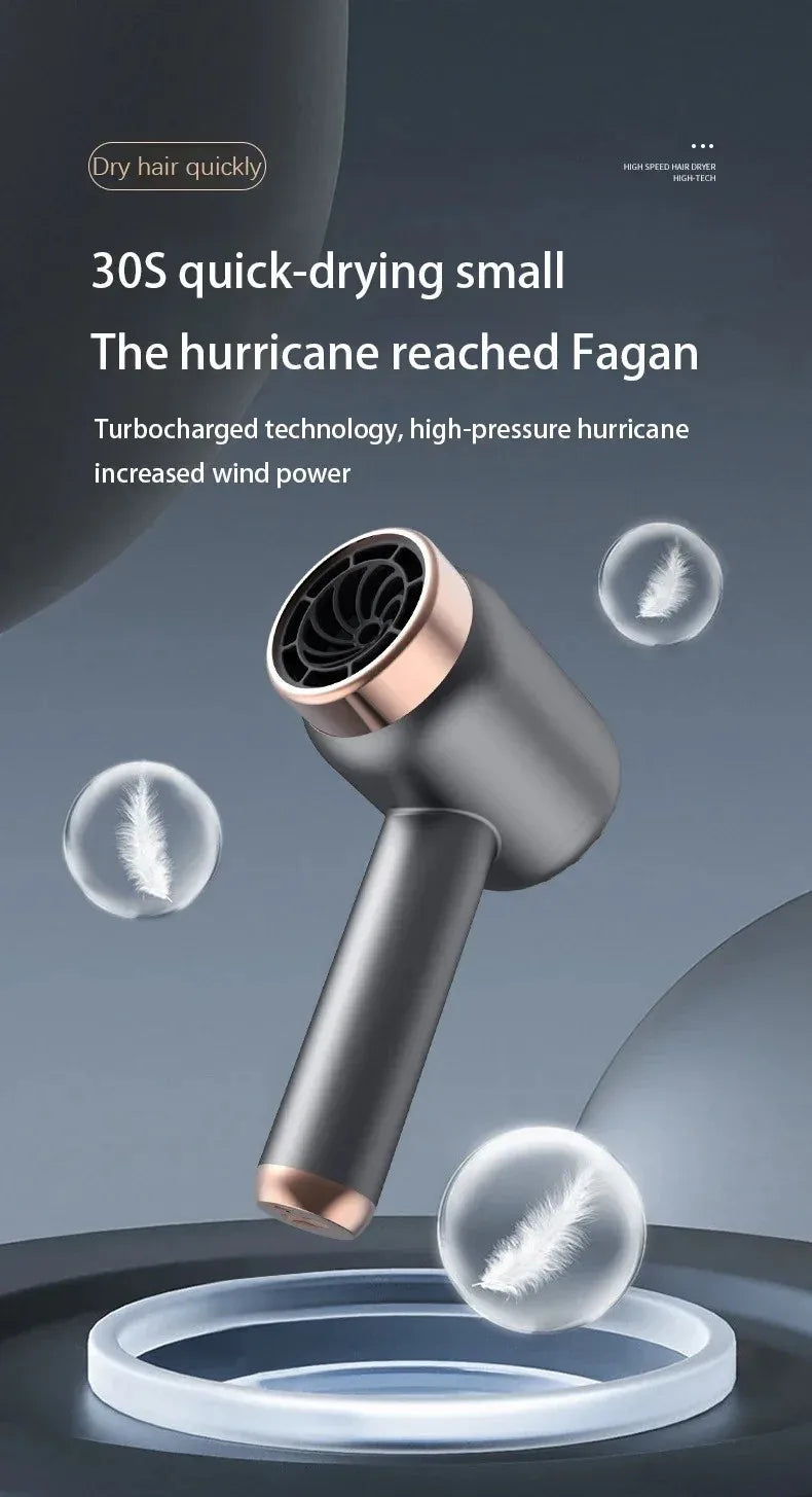 Portable grey USB rechargeable hair dryer with rose gold accents for quick-drying travel styling.