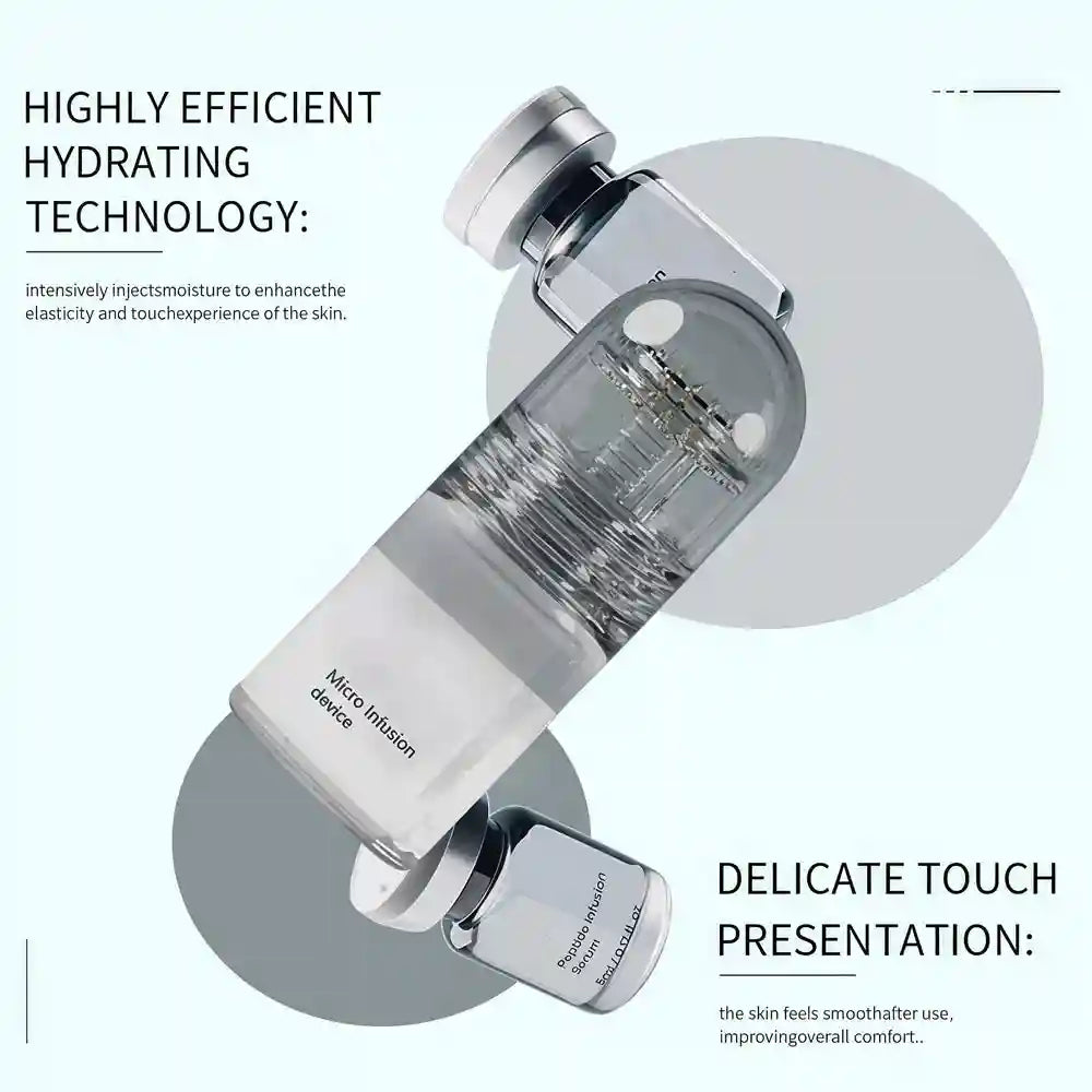 A Micro Infusion device and two small vials of Peptide Infusion serum on a light blue background.