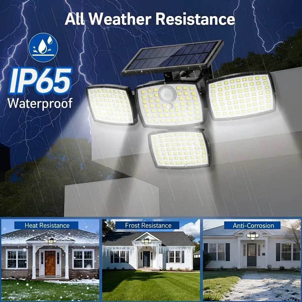 Black 4-head solar flood lamp mounted on a wall, with a solar panel on top, emitting bright white light.