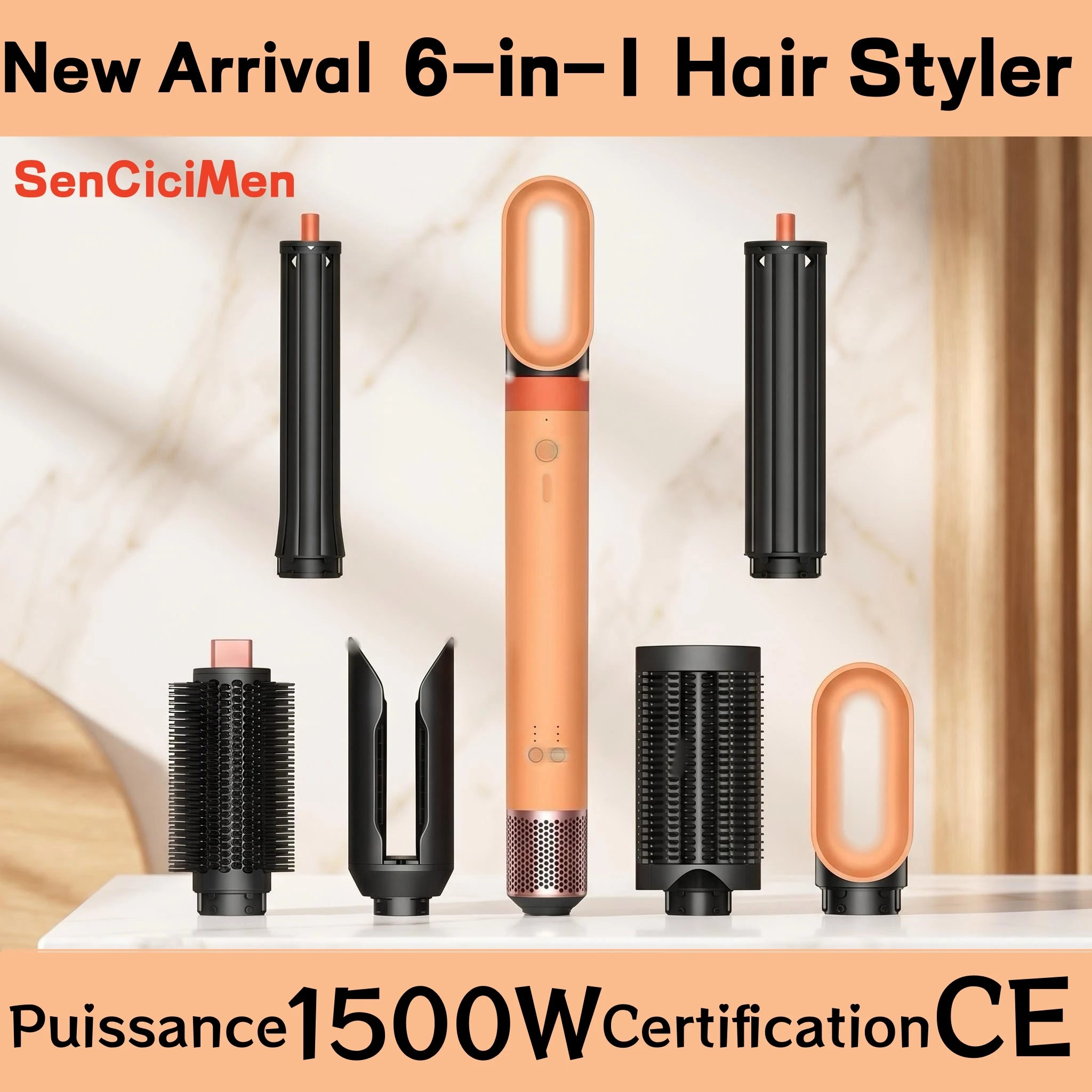 6-in-1 orange ionic hair dryer styler set with curling barrels, brushes, and blow-dry attachment for professional salon.