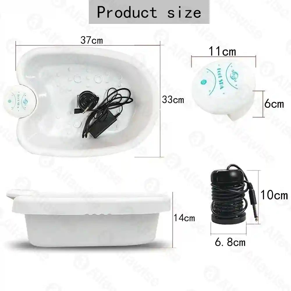 Dimensions of white ionic detox foot spa basin, massage controller, and black ion array for home health therapy.