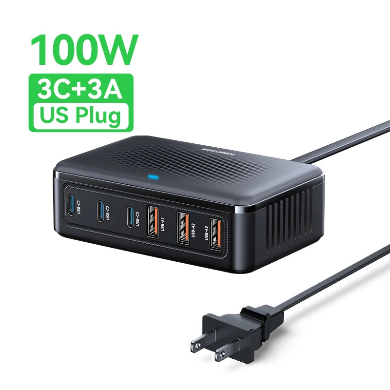Black Rocoren 100W desktop charging station with 6 ports (3 USB-C, 3 USB-A) and a US plug power cable.