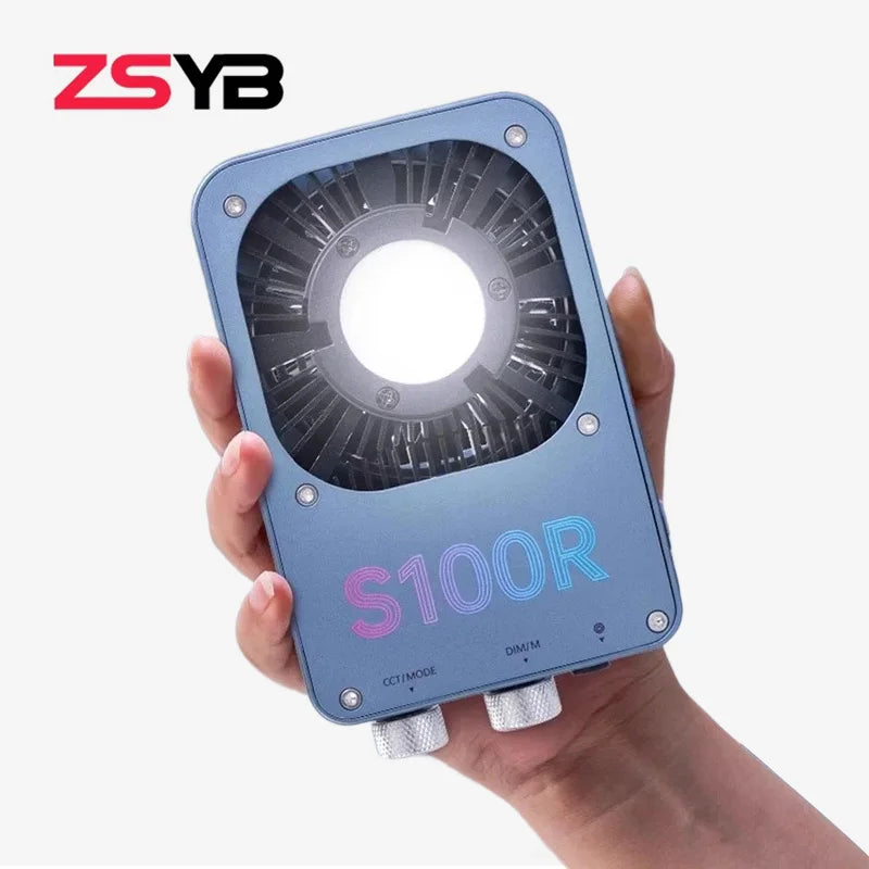 S100R portable blue LED video light with a circular cooling fan, two control knobs, and adjustable settings.