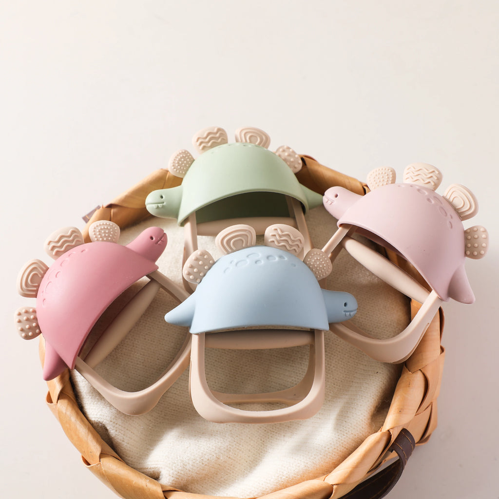 Baby Silicone Teether Toys,Perfect for Teething Toys 0-3-6 Months and Shower Gifts, BPA-Free, Ergonomic Dinosaur Wood Design.