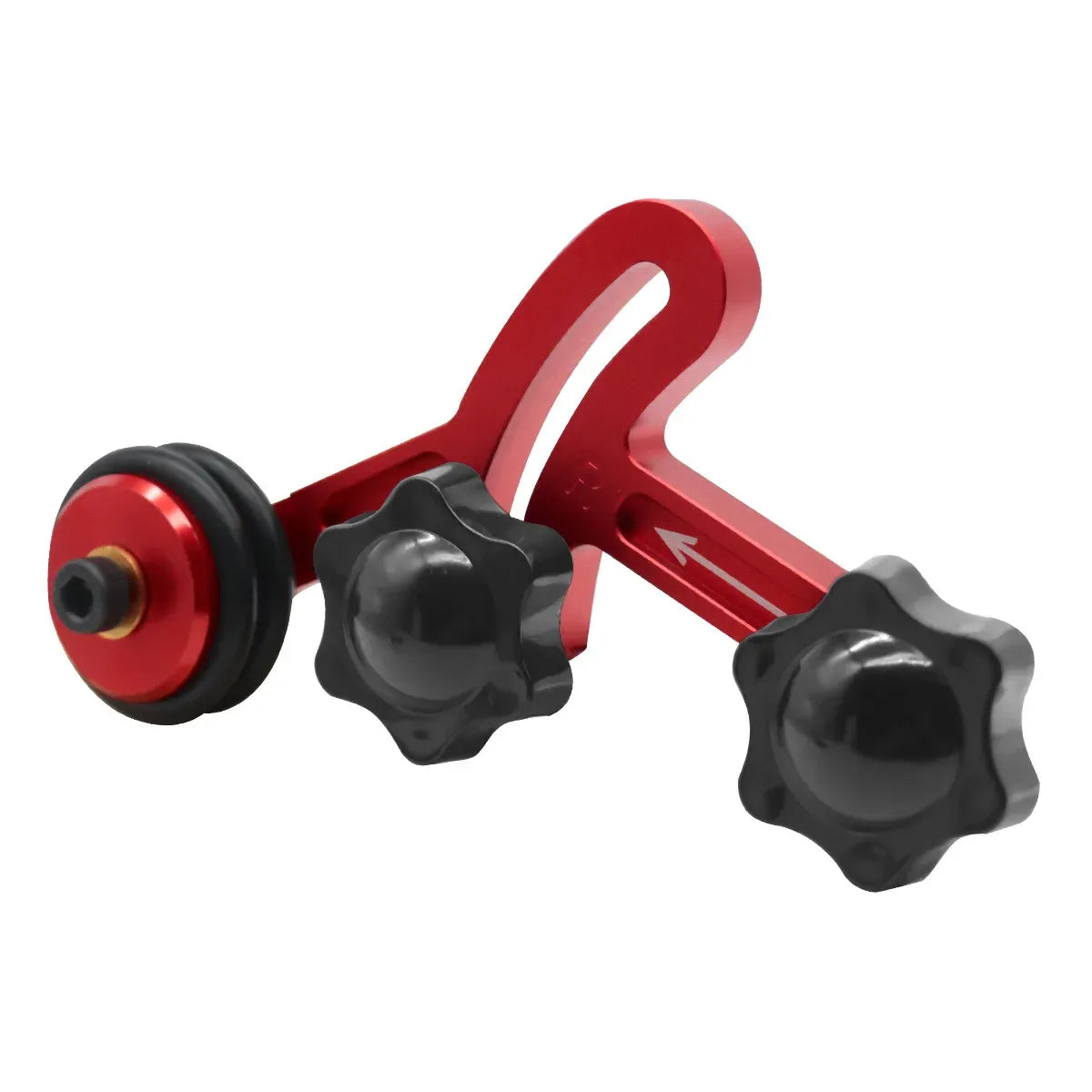 Red stock guide roller with black clamp knobs and red bearing wheel, close-up angle