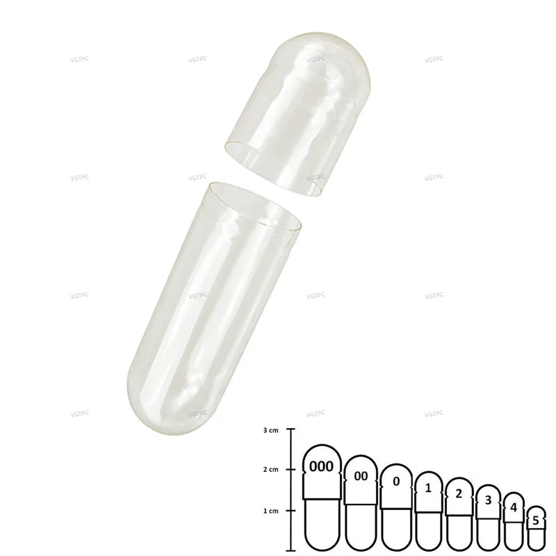1000 Tidesmit size 00 HPMC vegetarian empty capsules, vegan, kosher & halal certified clear vegetal pill shells.