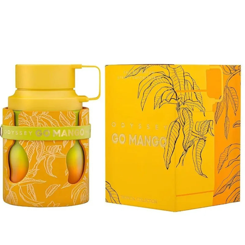Armaf Odyssey Go Mango Unisex EDP: Yellow cylindrical bottle with mango design, fruity woody fragrance, gift set.