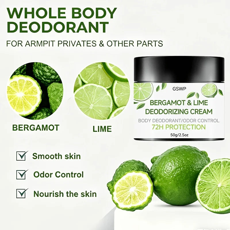 Tidesmit GSWP Bergamot & Lime Deodorant Cream for 72-hour all-over body odor control, 50g/100g.