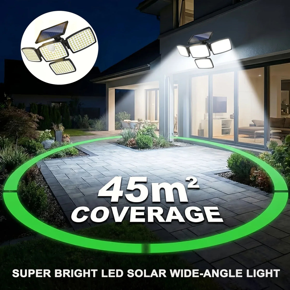 Solar LED security light showing bright four-head coverage on a patio