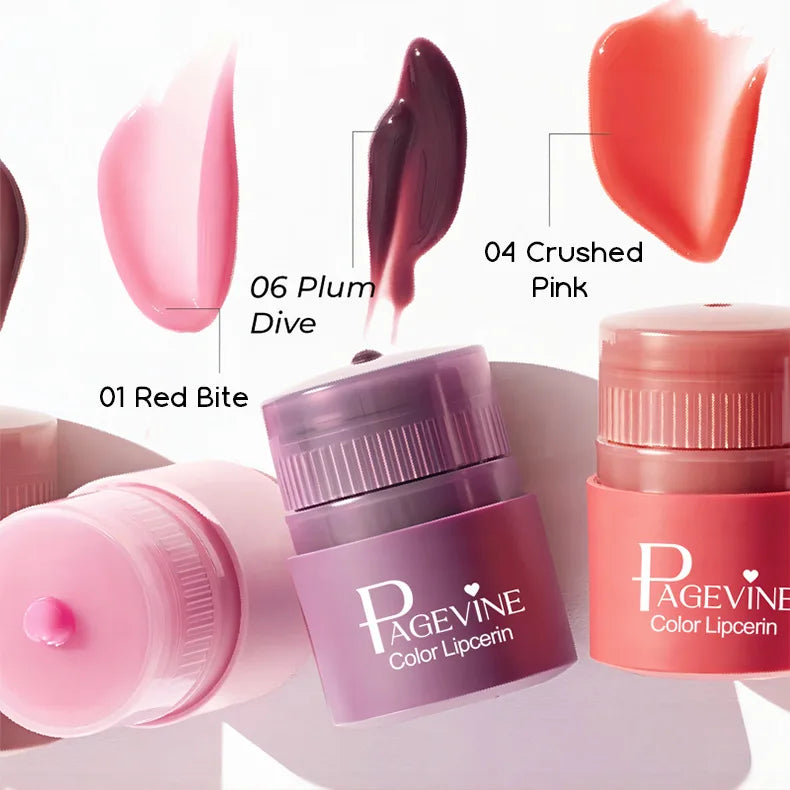 Hydrating twist-up lip balm and glossy tint swatches in Red, Plum, and Crushed Pink for long-wear, non-sticky lip care.